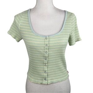 Levi's Yellow Blue Y2K  Striped Ribbed Henley Short Sleeve Crop Top Size Medium